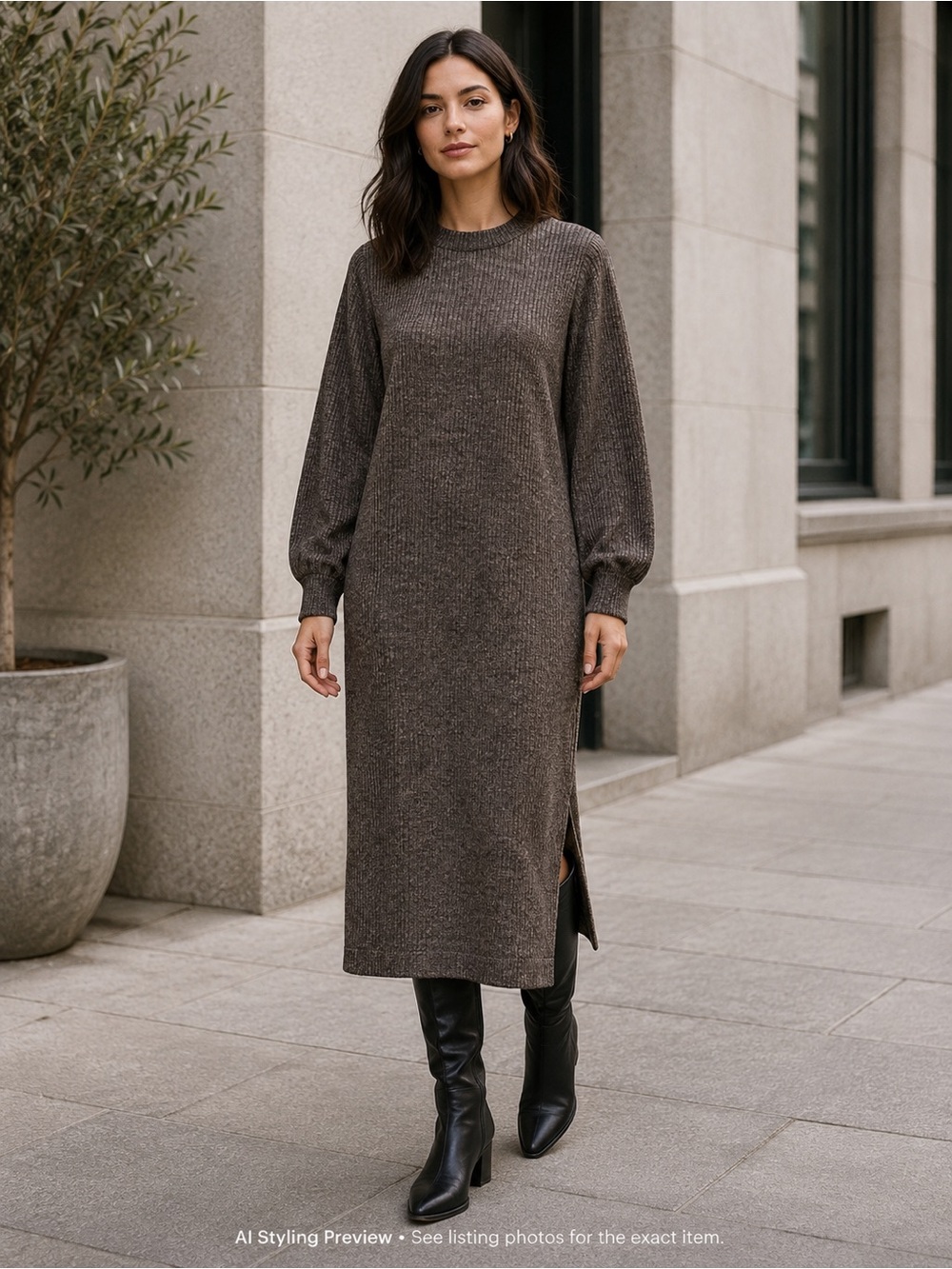KAFFE M Brown Black Ribbed Knit Midi Dress Side Slit